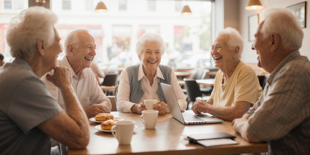 Seniori diskutujú pri káve v modernej kaviarni